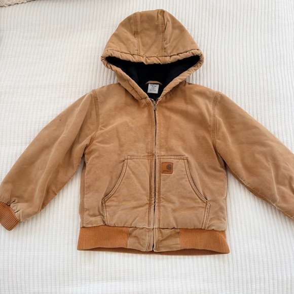 Carhartt Vintage Youth Work Wear Tan Canvas Hooded Chore Jacket Kids Size S 8/10